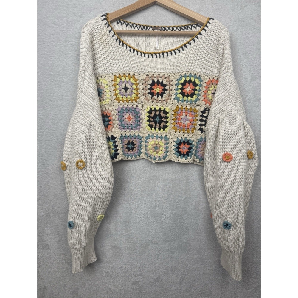 Free People Dahlia Floral Crochet Granny Square Sweater Oversized Slouchy Top Sm